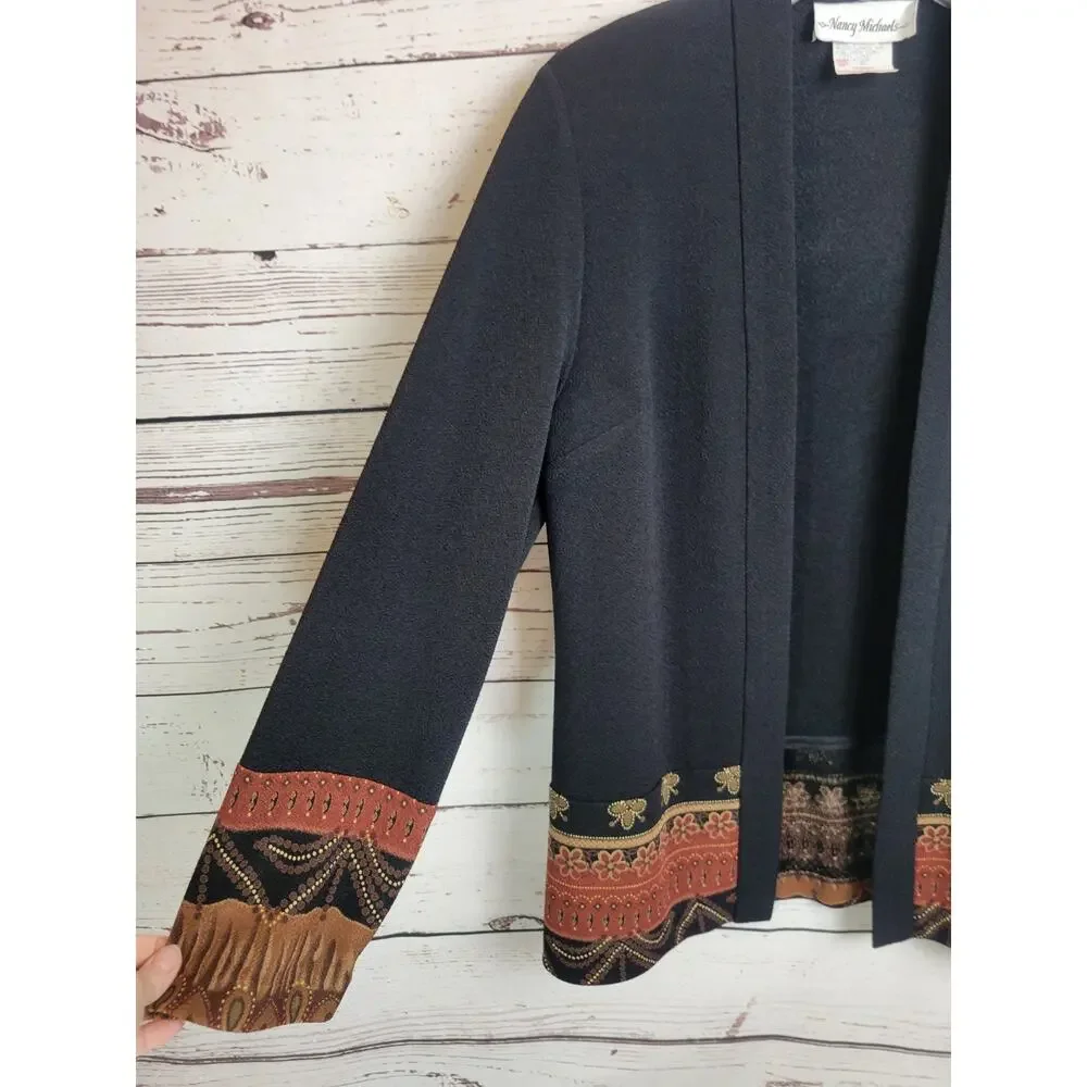 NWT Nancy‎ Michaels Black Floral Open Front Cardigan Sweater Women's Size 8